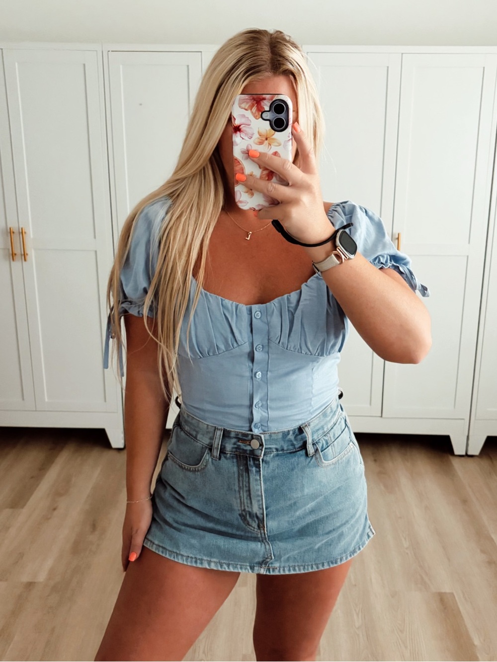 Blue puff sleeve off the shoulder crop top